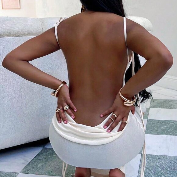 White Sexy Women's Draped Collar Tie Shoulder Cami Dress - Picture 6 of 6